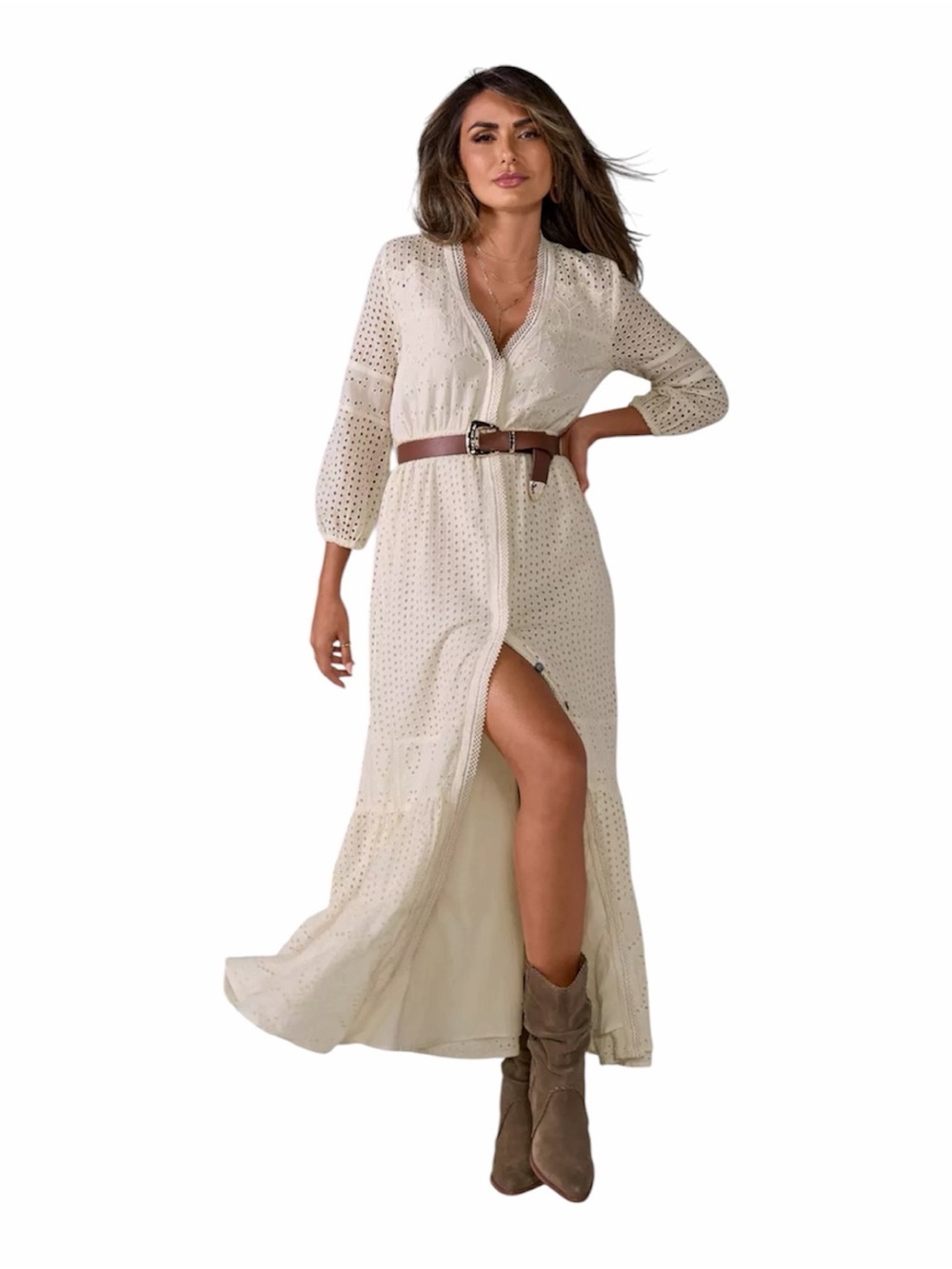 Boston Proper cream eyelet self tie button down cotton maxi dress lg NWT